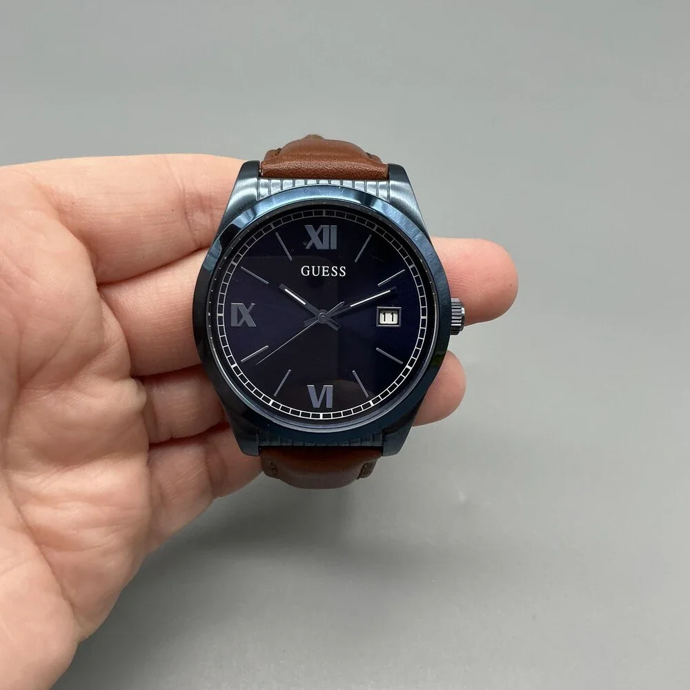 Guess Steel U0874G4 Mens Watch 40mm Blue Dial Brown Leather Date New Battery